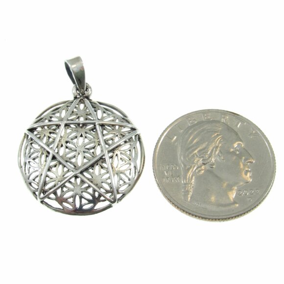 Handcrafted Solid 925 Sterling Silver Flower of Life Pentacle Pentagram Pendant - Picture 3 of 6